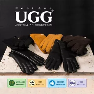 UGG Real Aus 100% Australian Sheepskin Wool Men Sheep Skin Suede Gloves Black - Picture 1 of 21