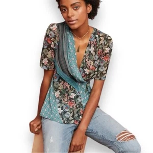 NEW Anthro Tiny Lovely Patchwork Wrap Top Boho Mixed Print Short Sleeve Size XS - Picture 1 of 12