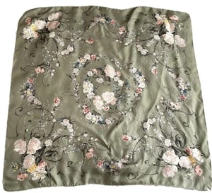 RALPH LAUREN Large Square Scarf 100% Silk Green Floral Flower Print Vintage - Picture 1 of 7