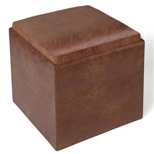 Simpli Home Rockwood Faux Air Leather Storage Ottoman in Distressed Saddle Brown - Picture 1 of 7