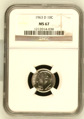1963 D Roosevelt Dime, NGC MS 67, Nice Luster - Image 1 of 2