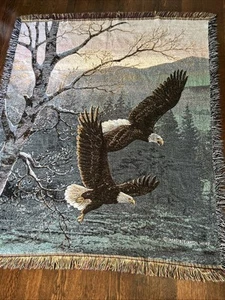 Bald Eagle Pair Soaring Mountains Freedom Flight Tapestry Throw 57"x46" - Picture 1 of 5