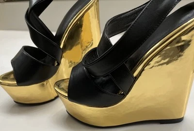 WEDGE HEEL SANDALS-MIRROR GOLD with BOUTIQUE ANKLE STRAP Sz 38 NWB SPICY LOOK!!! - Image 1 of 4