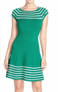 Eliza J Womens Green Striped Fit N Flare Cap Sleeve Knit Dress Size M $98 - Picture 1 of 15