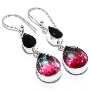 Turmalina bicolor, piedras preciosas de ónix 925 pendiente de joyería de plat... - Imagen 1 de 5