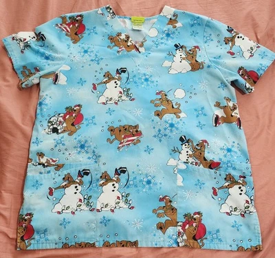 Womens Scrub Shirt Christmas Snowman Blue Size M Scooby-Doo - Image 1 of 4