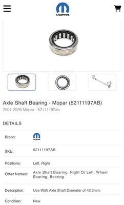 NUEVO Cojinete de eje genuino Mopar 52111197AB Jeep Dodge RAM Chrysler Foto 1 de 2