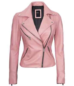 New Women's Pink Leather Jacket Genuine Lambskin Leather Biker Style Handmade - Picture 1 of 9