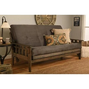 Full-size Rustic Walnut Futon Set with Suede Grey Mattress - Picture 1 of 4