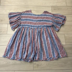 Free People Flowy Mini Dress Boho Raw Hem Colorful Stripes Short Sleeve Size L - Picture 1 of 6