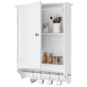 Single Bathroom Wall-mounted Cabinet Kitchen Cupboard W/Iron Towels Rod, White