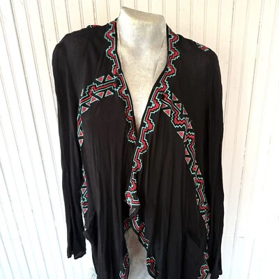Rock & Roll Cowgirl Sz M Drape Jacket Blouse Black Aztec Southwest Embroidered - Image 1 of 4
