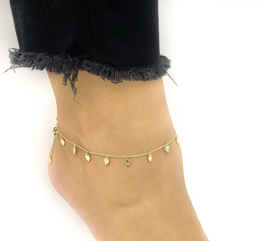 Tobillera ajustable de oro amarillo con corazones de corte de diamante de lujo de oro 14k de 9 a 10 pulgadas Foto 1 de 1
