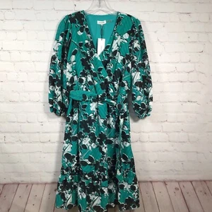 Vestido de mujer Calvin Klein verde azulado floral sobrepelliz con volantes dobladillo pequeño semi transparente - Imagen 1 de 8