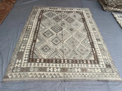 Alfombra Kilim Moderna Afgana Tejido Plano 213x277 cm, Alfombra Patrón Geométrico Gris Beige Foto 1 de 4