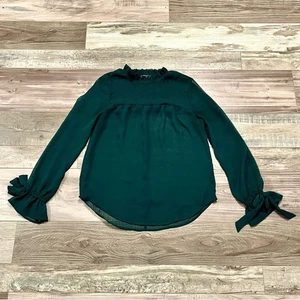 Belle and Sky Ruffled Mock Neck Blouse Sz M Flounce Tie Sleeves Forest Green - Picture 1 of 14