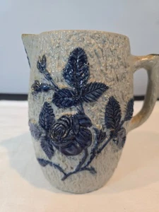 Antique Utica Pottery Stoneware Pitcher Blue Raised Rose Pattern 1800s - As Is - Picture 1 of 11