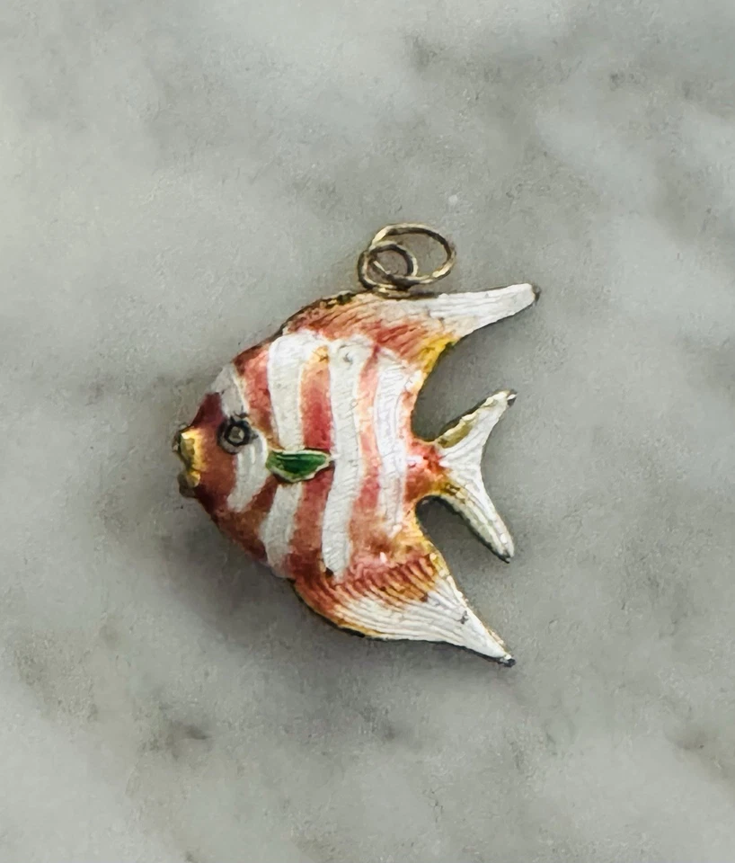 Gold Tone Angel Fish Cloisonne Enamel Pendant Red White Enamel Puffy Angelfish — 第 1/1 张图片