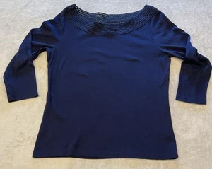 Lauren Ralph Lauren Top XL Navy Cotton Knit Boat Neck 3/4 Sleeve Crochet Trim - Picture 1 of 7