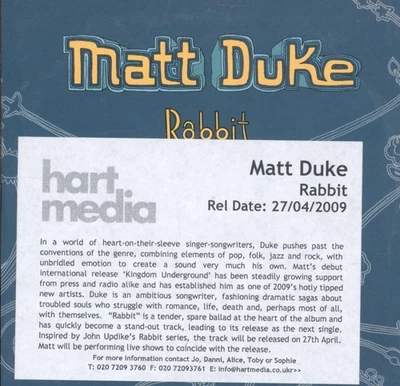 Matt Duke Rabbit CD UK Rykodisc 2009 Promo In Info Stickered Promo Card Sleeve - Bild 1 von 3