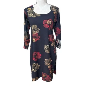 Vintage Black Floral Tunic Top Dress 3/4 Sleeve High Side Slit Size Med - Picture 1 of 4