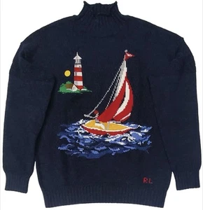 Polo Ralph Lauren Sailboat Intarsia-Knit Mockneck Sweater Navy Blue Red Large - Picture 1 of 4
