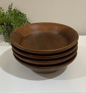 Vtg Primitive Farmhouse Solid Burl Walnut Wood Round 7” D 2” H Bowl Set 4 - Picture 1 of 7