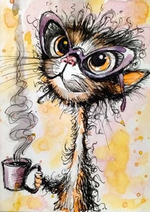 NEW! ACEO Cat Painting big CAT Original watercolor Collectible Art - Picture 1 of 4