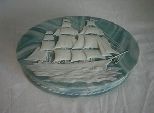 Vintage Avondale Bruchglas 9" ovale Box mit voll manipuliertem Walfangschiff ~ Samt gefüttert - Bild 1 von 16