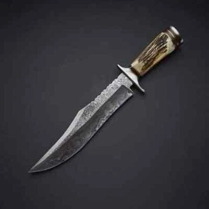 PERSONALISIERTES HANDGEFERTIGTES DAMASKUS STAHL BOWIE JAGDMESSER MIT HORNHIRSCHGRIFF - Bild 1 von 3