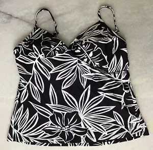 Christina Women’s 8 Wrap Front Tankini Swim Top Black White Tropical Floral - Picture 1 of 7