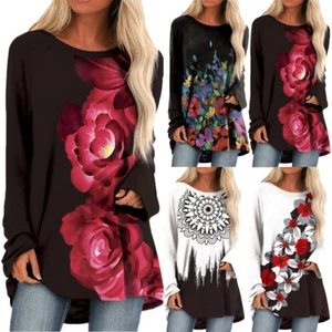 T-shirt taglie forti donna boho floreale manica lunga tunica top blusa casual ampia - Foto 1 di 11