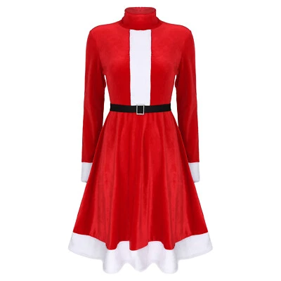 Women's Long Sleeve Soft Velvet Christmas Party Costume Outfits Dress with Belt - Image 1 of 2