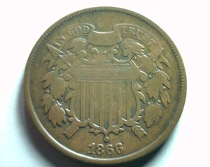 1866 TWO CENT PIECE FINE F NICE ORIGINAL COIN FROM BOBS COINS FAST SHIPMENT - Picture 1 of 2