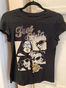 Bebe Rare Black T Shirt Top Medium Sequins Rhinestones Crystals Graphic - Picture 1 of 10