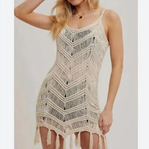 NWT Beige Boho Crochet Fringe Mini Dress Size M - Picture 1 of 8