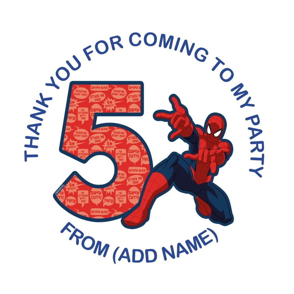 24 x Personalised for Spiderman age 5 Birthday Stickers, sweet cones, party 45mm - Image 1 of 1