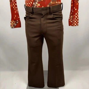 Mens Pants 29 28 Flare Leg Brown Polyester 1960s Vintage Disco Leisure Suit Mod - Picture 1 of 16