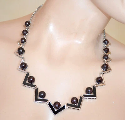 Collana donna argento pietre nere tonde girocollo ciondoli smaltati collier UG28 - Immagine 1 di 4