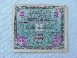 GERMANY DEUTSCHLAND ALLIED MILITARY NOTE 5 MARK SERIE 1944 - Picture 1 of 2