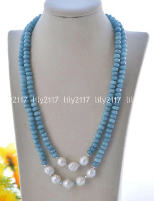 天然 12-13 毫米白色 Edison Keshi 珍珠刻面 5x8 毫米海蓝宝石宝石项链 — 第 1/2 张图片