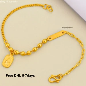 Pure 999 24K Yellow Gold Cuban Curb Beads Long O Chain Women Bracelet 6.3-6.7in - Picture 1 of 10