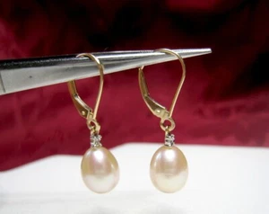 14K YELLOW GOLD LARGE PINK PEARL W/DIAMOND DANGLING EARRINGS 2.77 GRAMS - Picture 1 of 6