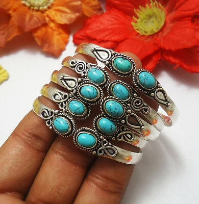 Turquoise Gemstone Cuff Bracelet 925 Sterling Silver Plated Jewelry BG-1 - Image 1 of 3