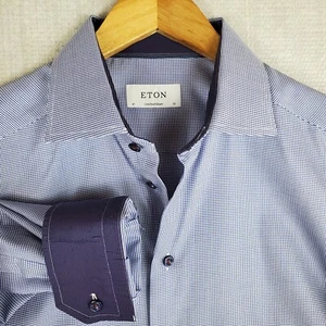 ETON Größe Large Herren strukturiertes Twill Mikro Hahnentritt Flip Manschette Hemd blau weiß - Bild 1 von 16