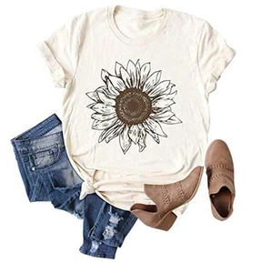 Sunflower Graphic Shirt for Women Cute Flower Short Sleeve Ladies Small Beige - Picture 1 of 6