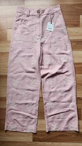 Zara Pink Linen Embroidery Floral Summer Wide Leg Trousers Size S Brand New - Picture 1 of 3