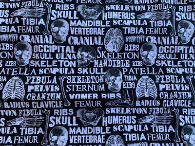 Telas negras de alta moda Skeleton Science tela de anatomía de Halloween por yarda Foto 1 de 4
