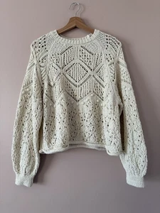 Zara Pointelle Knit Crochet Sweater Ecru Neutral Boho Coquette Chunky Dainty L - Picture 1 of 9