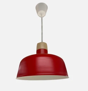IKEA BUNKEFLO Pendant Lamp Light Red Steel Solid birch 14" New - Picture 1 of 16